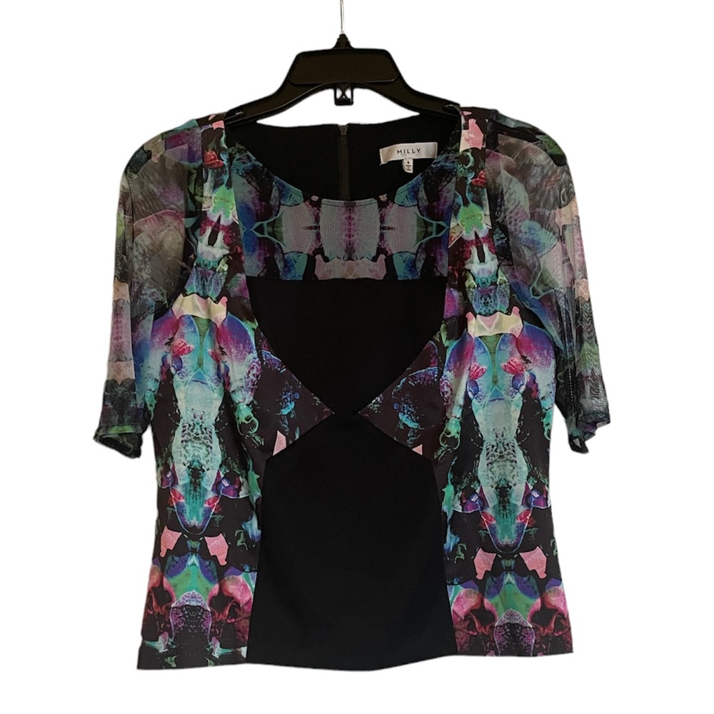 MILLY Black and Multi Colored Printed Blouse